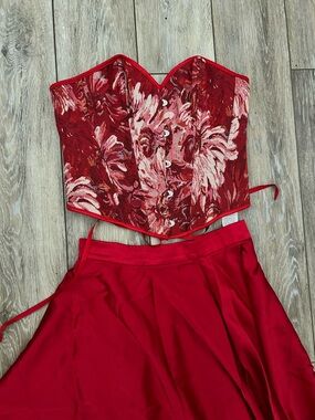 Red Floral Brocade Corset Top and Red Skirt Set